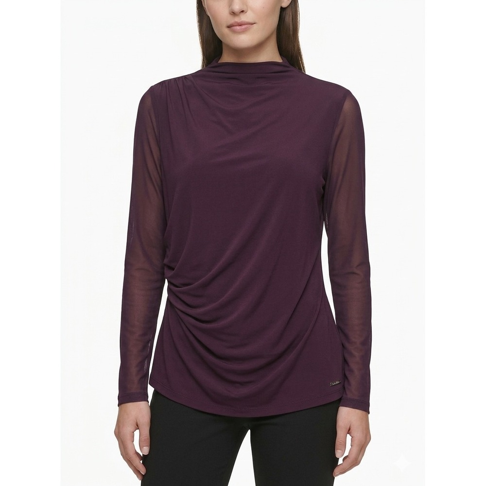 Calvin Klein Ethereal Sheer Fairy Mock Neck Mesh Sleeve Top Purple Auburn L‎